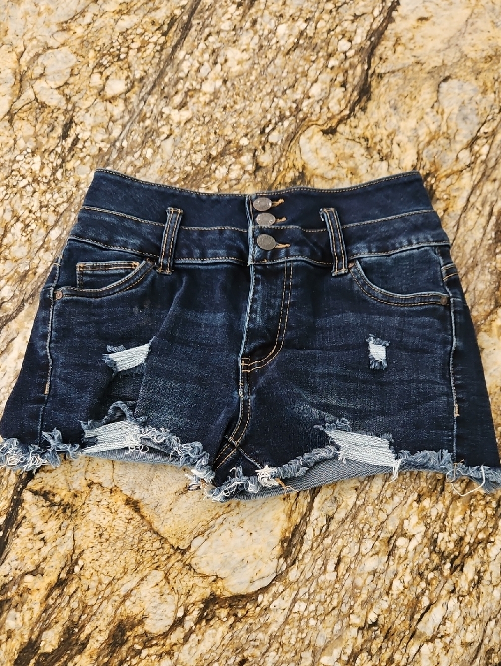 Refuge Dark Blue Distressed Denim Shorts. Size 3 Insram 1.5"